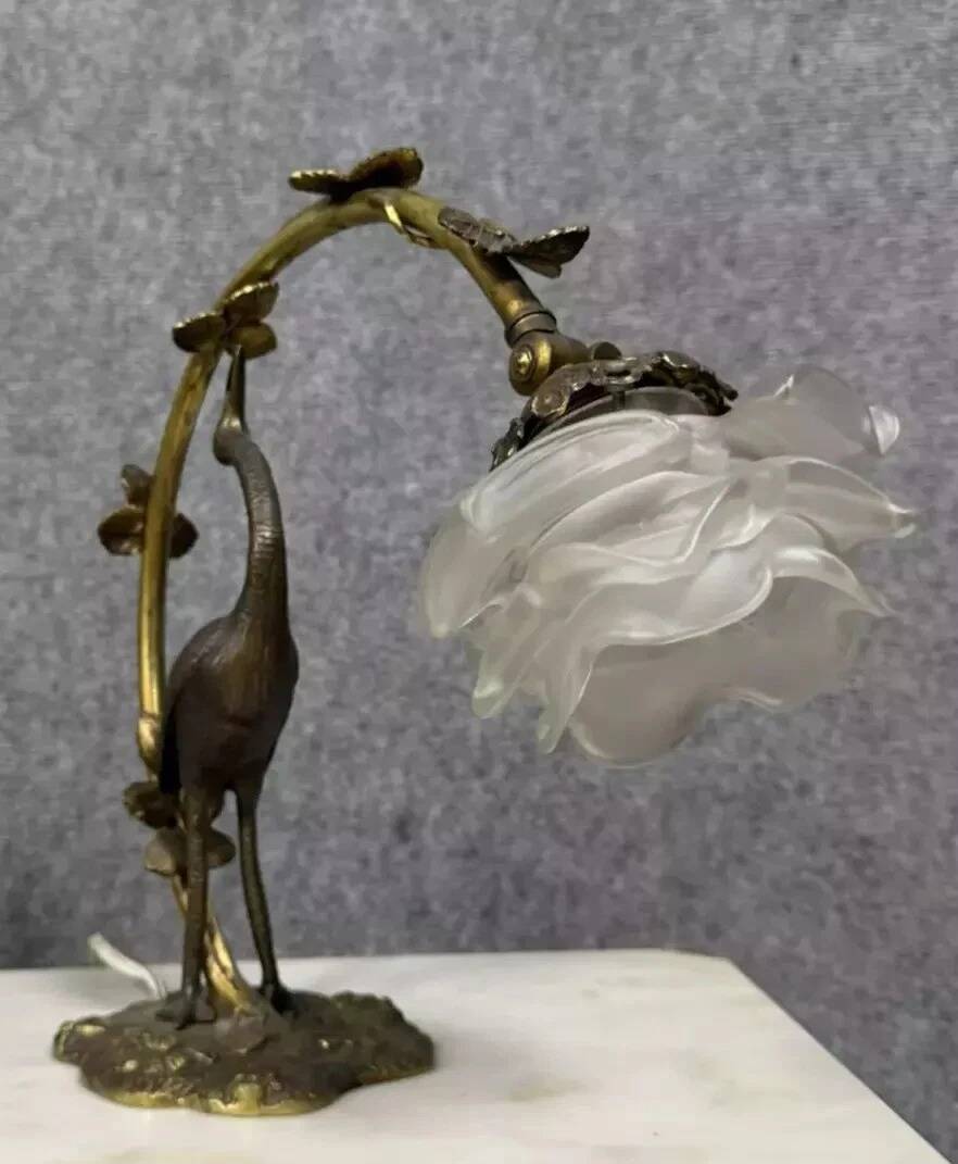 Large Art Nouveau Heron Lamp in bronze with double patina