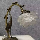 Large Art Nouveau Heron Lamp in bronze with double patina