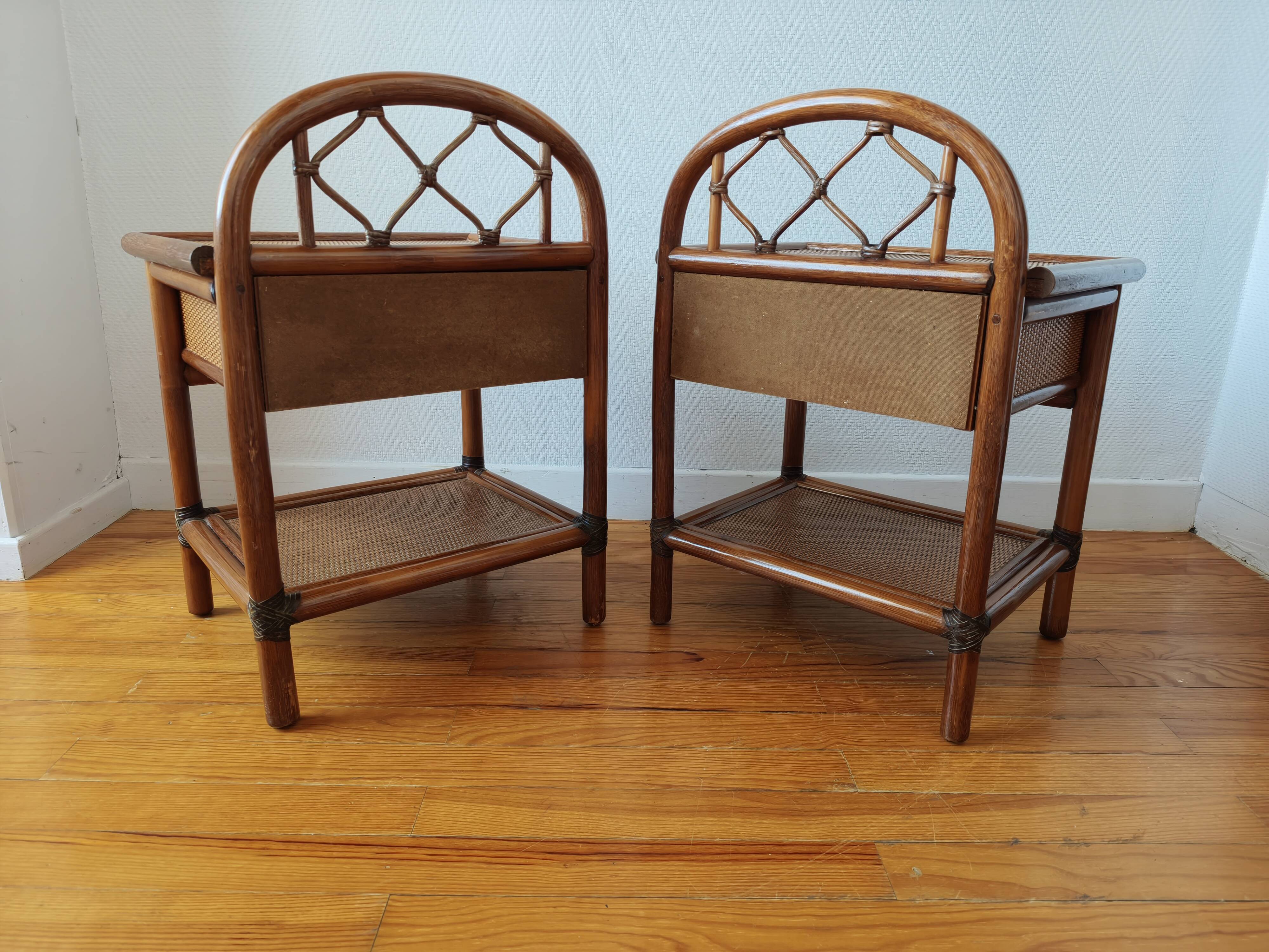 Pair of vintage rattan and cane bedside tables, 1970s