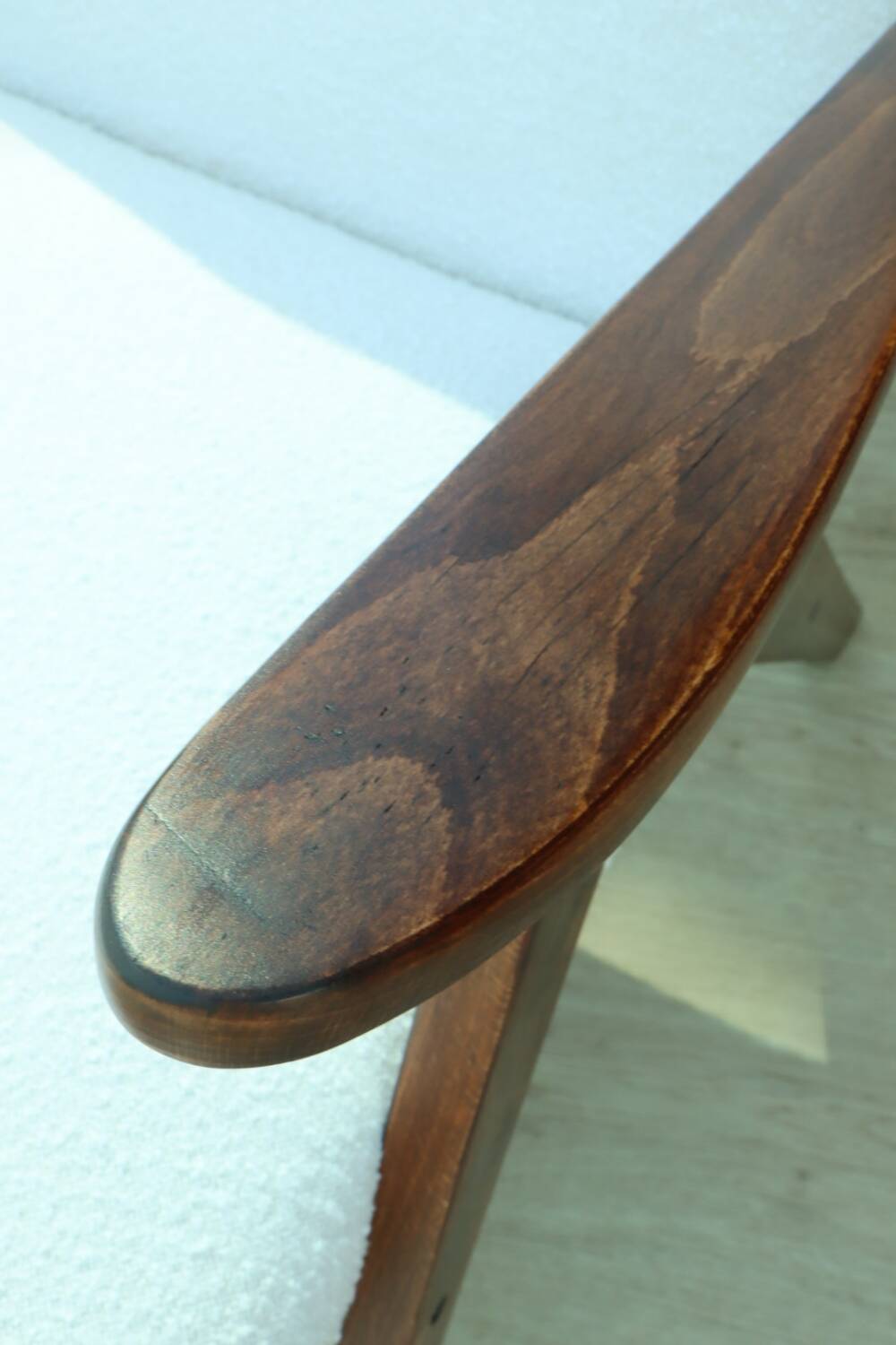 Vintage armchair mid century modern design white boucle dark walnut wood colour 1970 restored chair