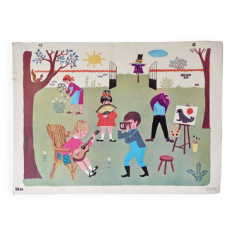 Ancienne affiche cartonnée les enfants au jardin