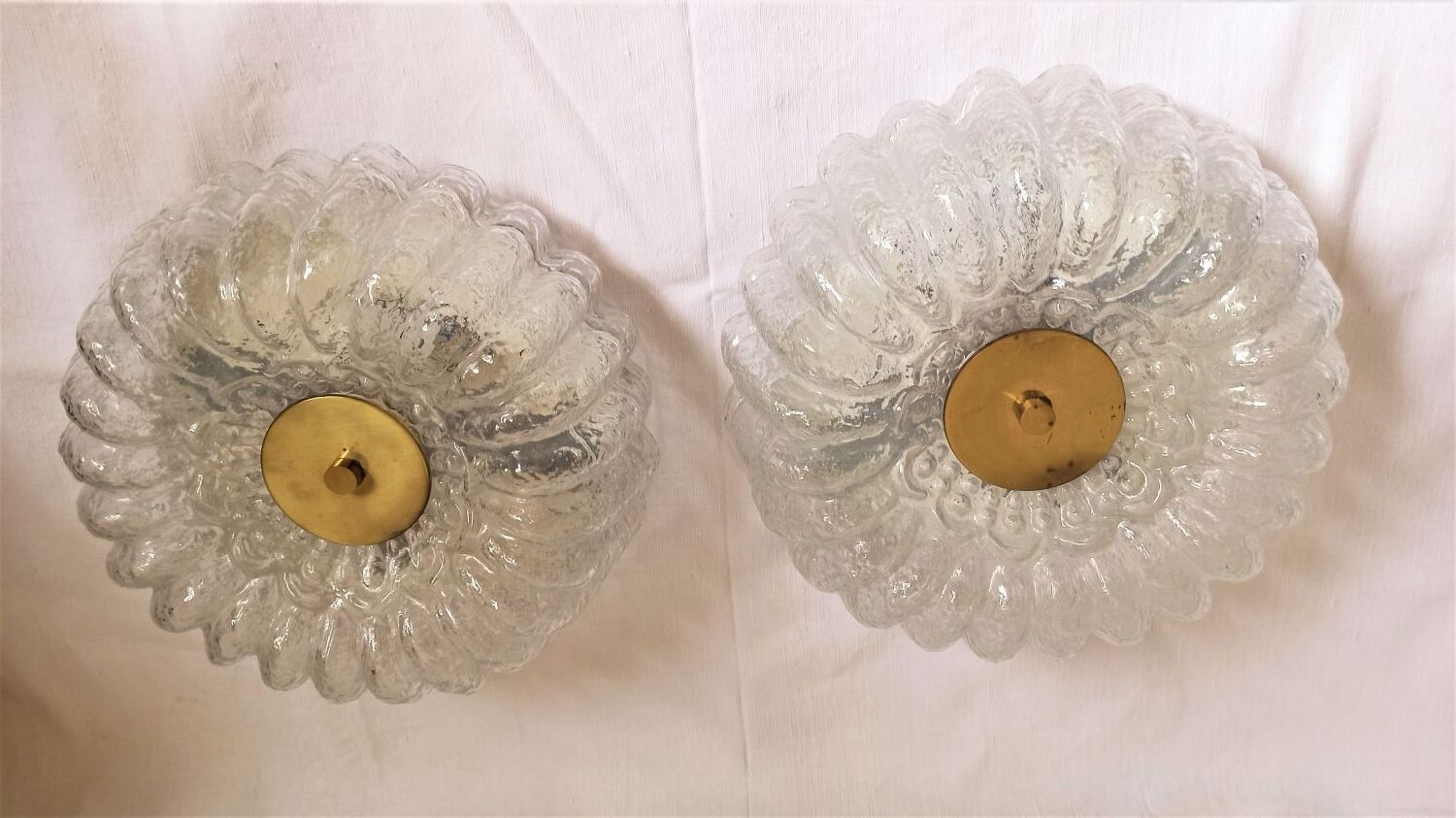 Pair of ceiling lights brass glass Glashütte Limburg Circa 1950