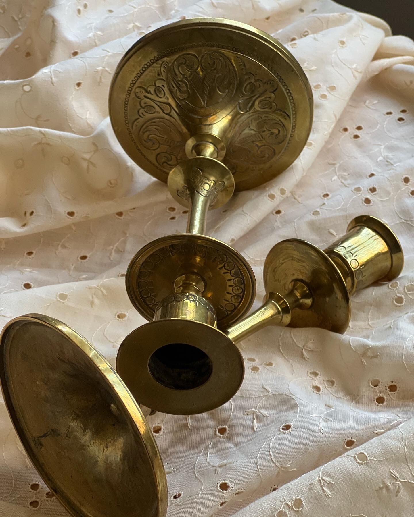 Solid brass candle holder with engraved patterns