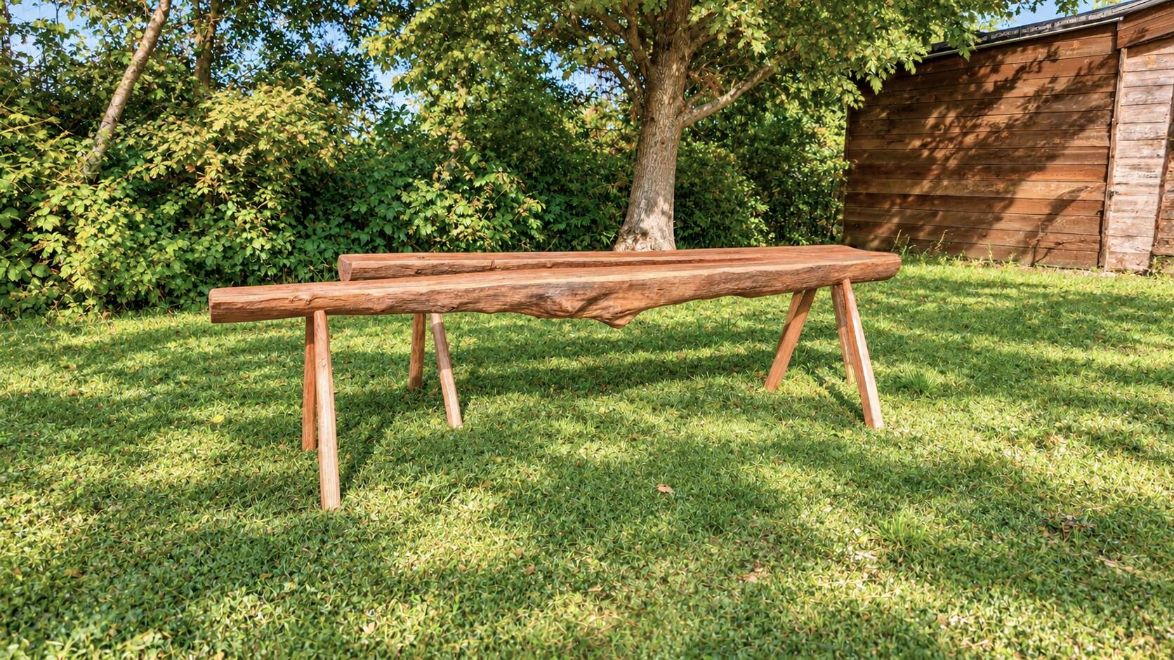 Pair of antique farmhouse benches in solid wood – brutalist style – 180 cm