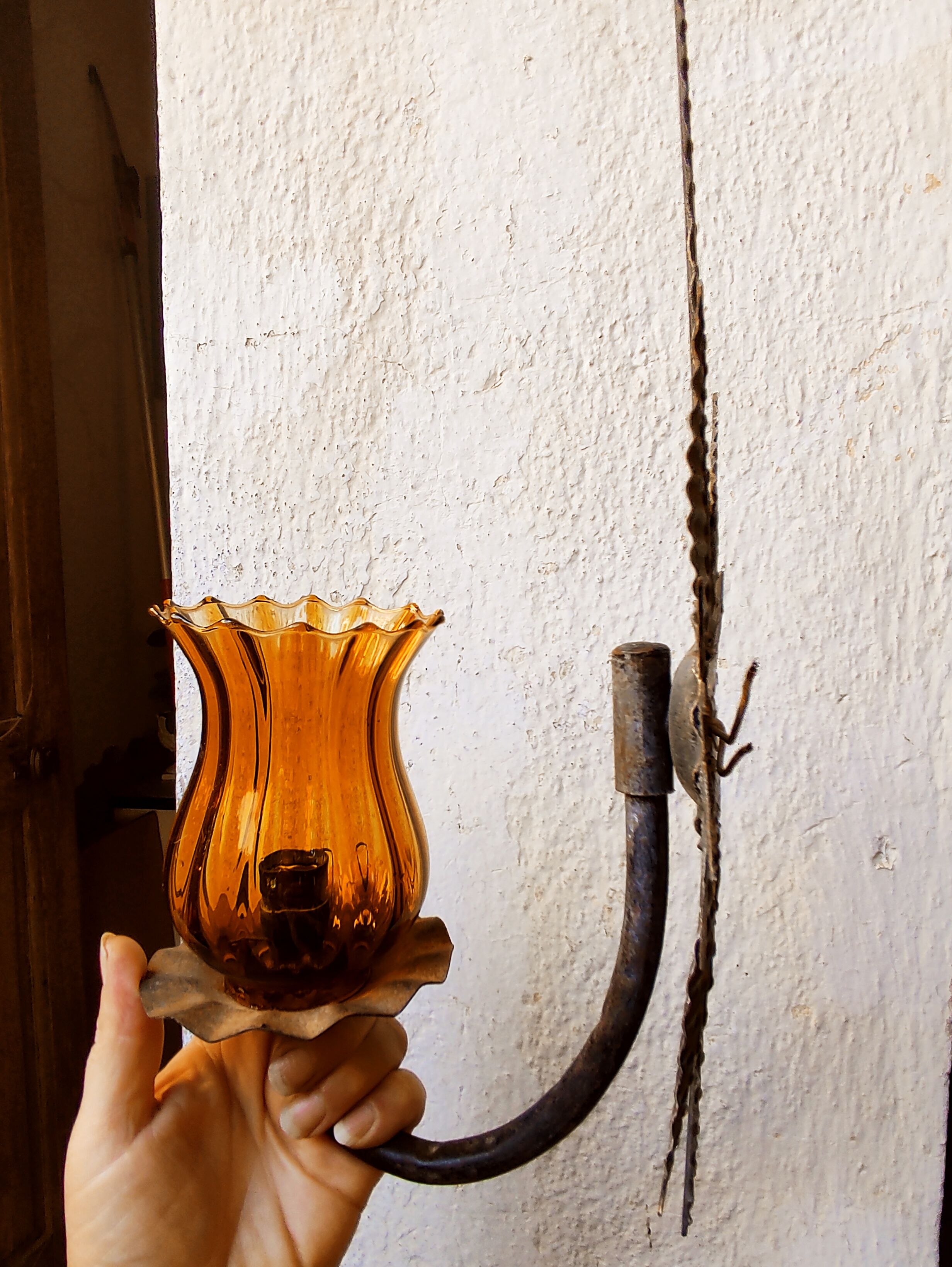 Raw metal wall lamp, Murano tulip