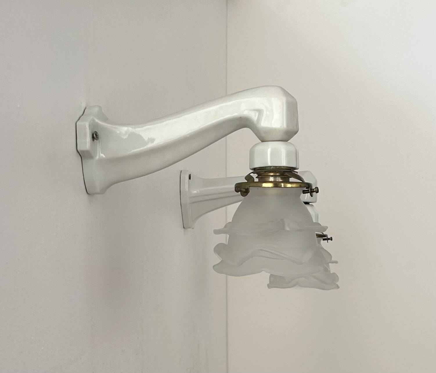 Pair of vintage art deco wall lights, porcelain and sandblasted glass, France 1930