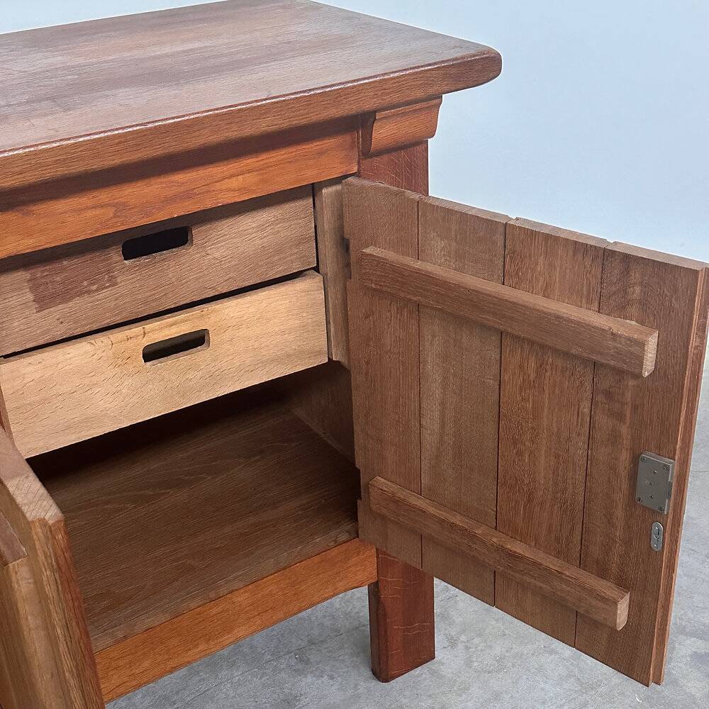 Brutalist solid oak sideboard with hand-forged iron hardware, Belgium, 1970s