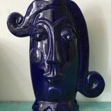 Vase face glazed earthenware blue design XXe Sandra Corina Paris
