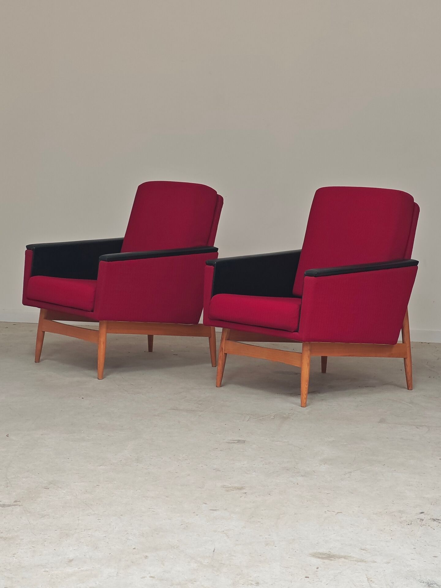 Pair of Drevotex Zamberk armchairs, red fabric and faux leather 1970