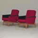 Pair of Drevotex Zamberk armchairs, red fabric and faux leather 1970