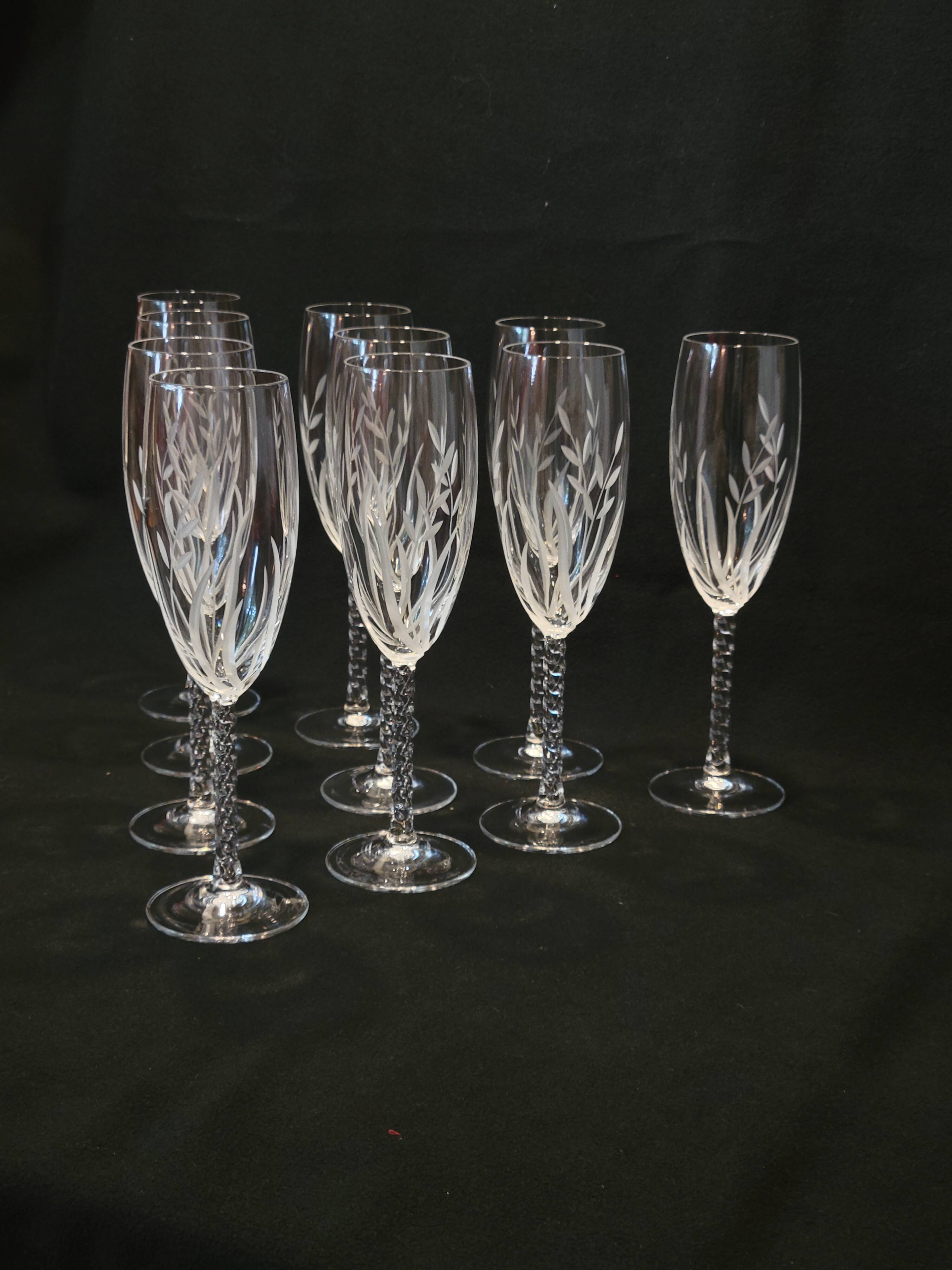 10 Arques Crystal Champagne Flutes, Fleury Cut Flamépis Pattern