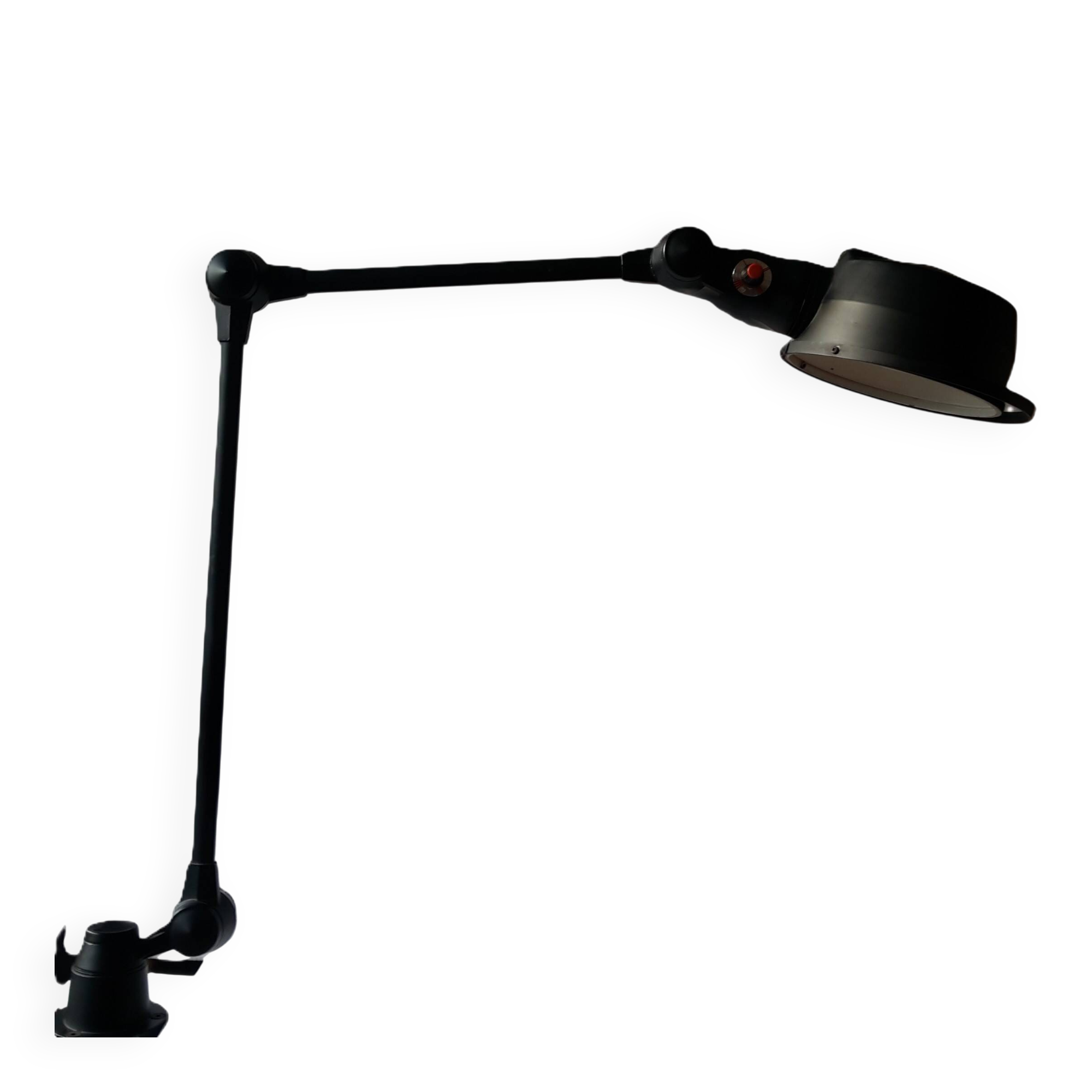 Old black Jieldé workshop lamp with clamp, 2 arms (35 and 50cm) - E27 150W.