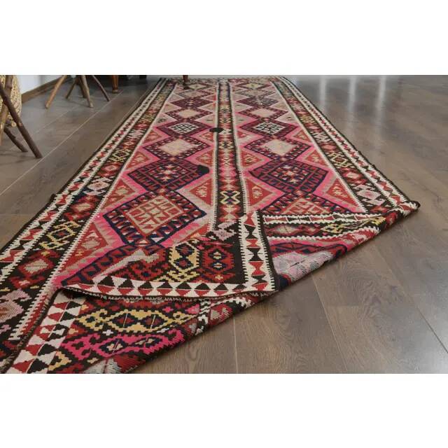 1970s Vintage Turkish Oushak Handmade Wool Cotton Pink Runner Rug 115x451