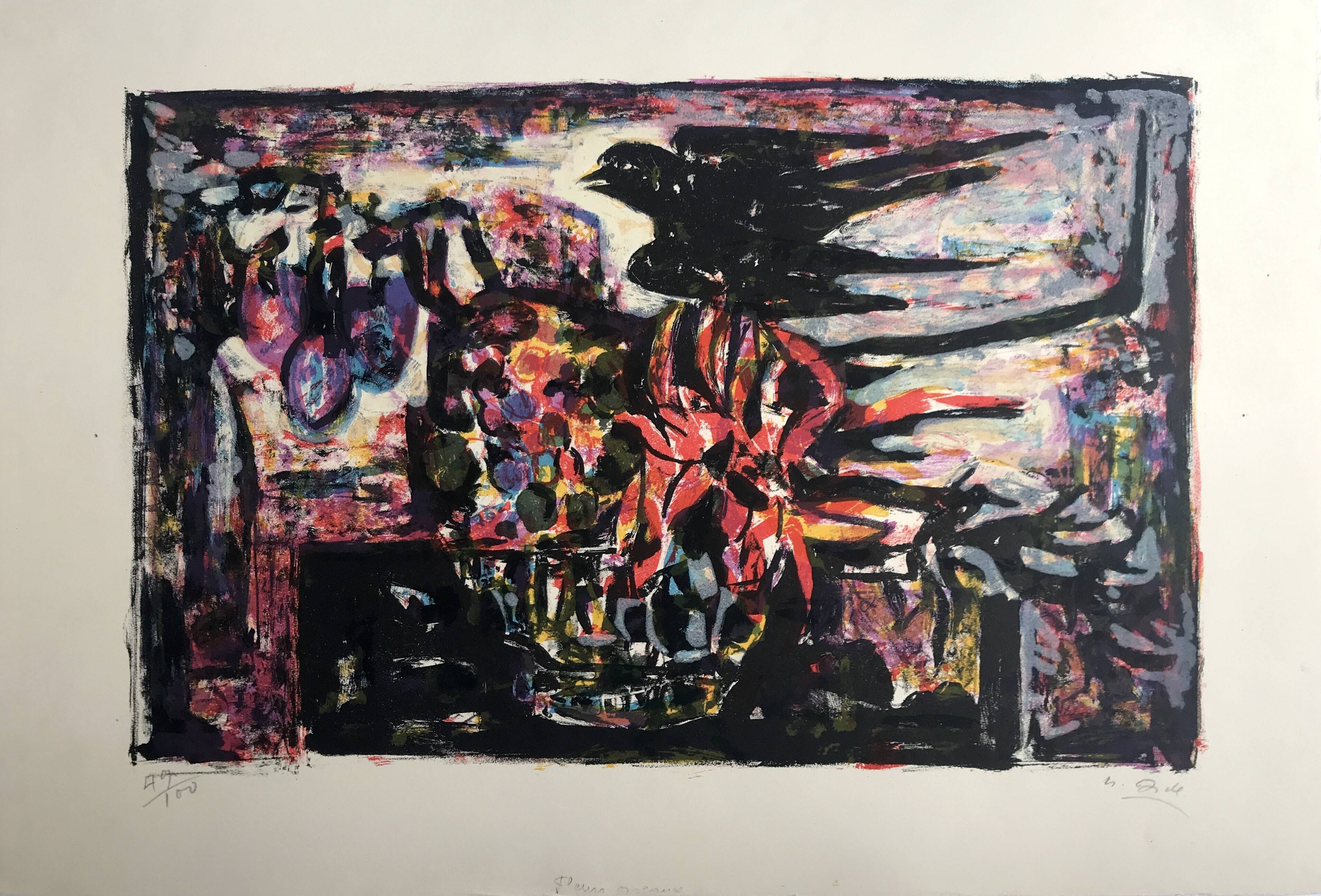 Yvette alde, flowers and birds, c 1950. lithograph signed in pencil