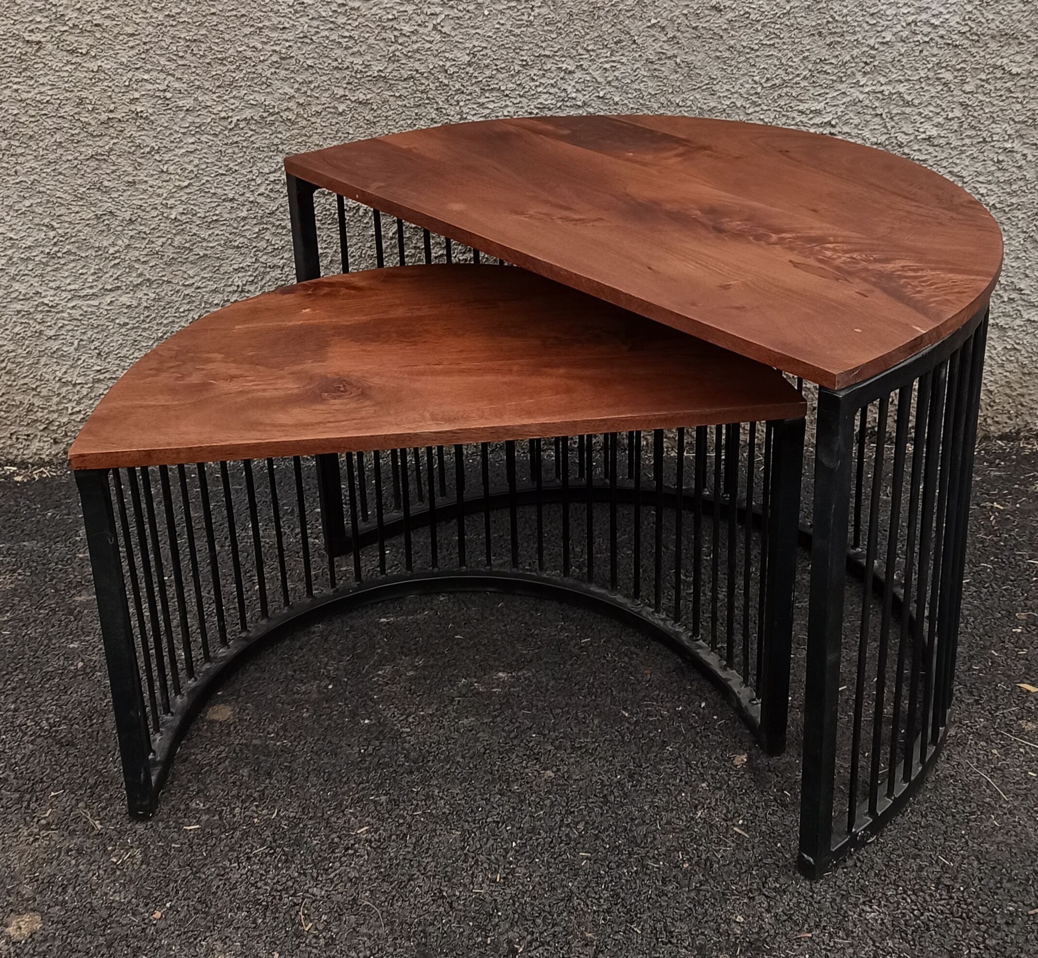 Half-circle wooden tables, metal feet