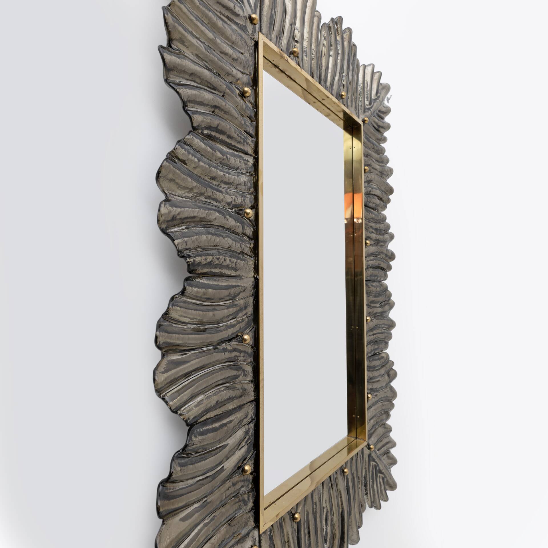Mid-Century Modern Italian Brass and Leaves Murano Glass Wall Mirror