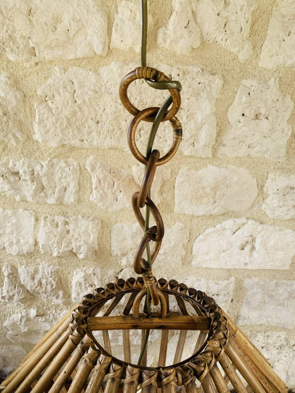 Large vintage pendant light in bamboo and rattan, circa 1960's