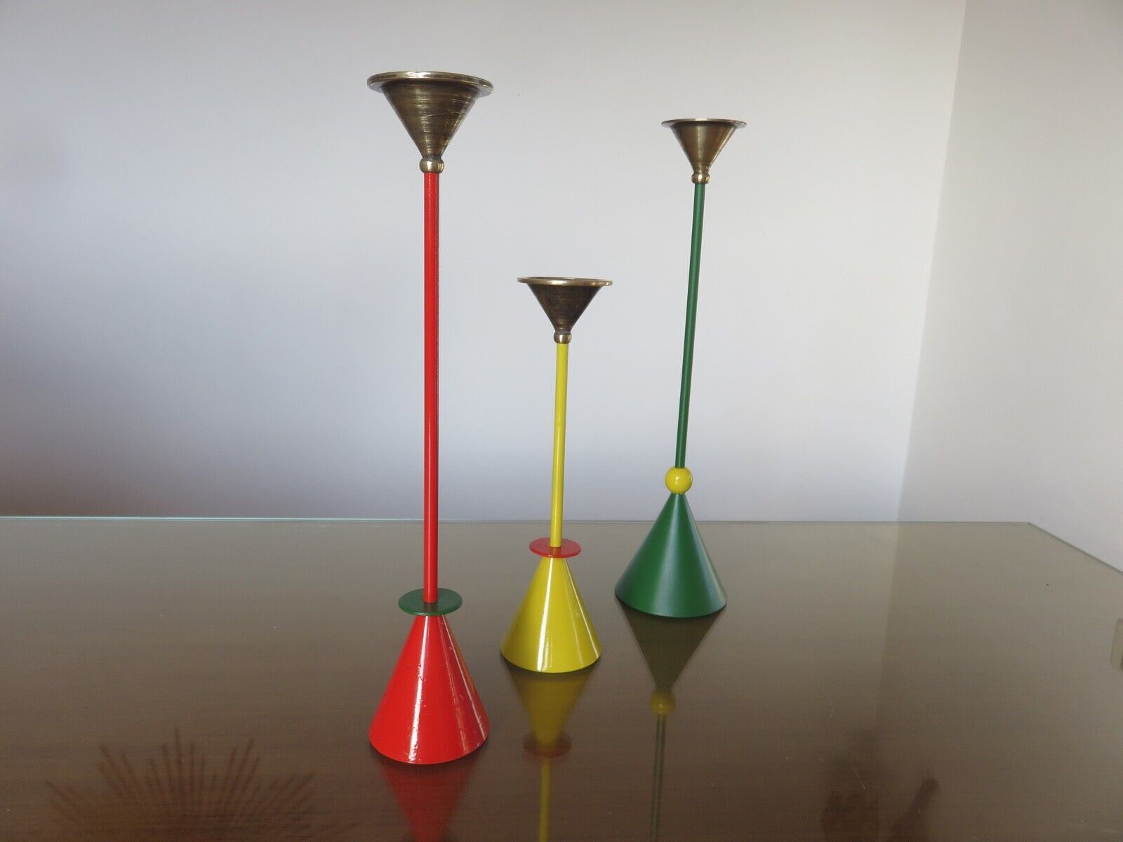 Series of 3 large candle holders signed Christian De Beaumont Memphis style in solid bronze 1980