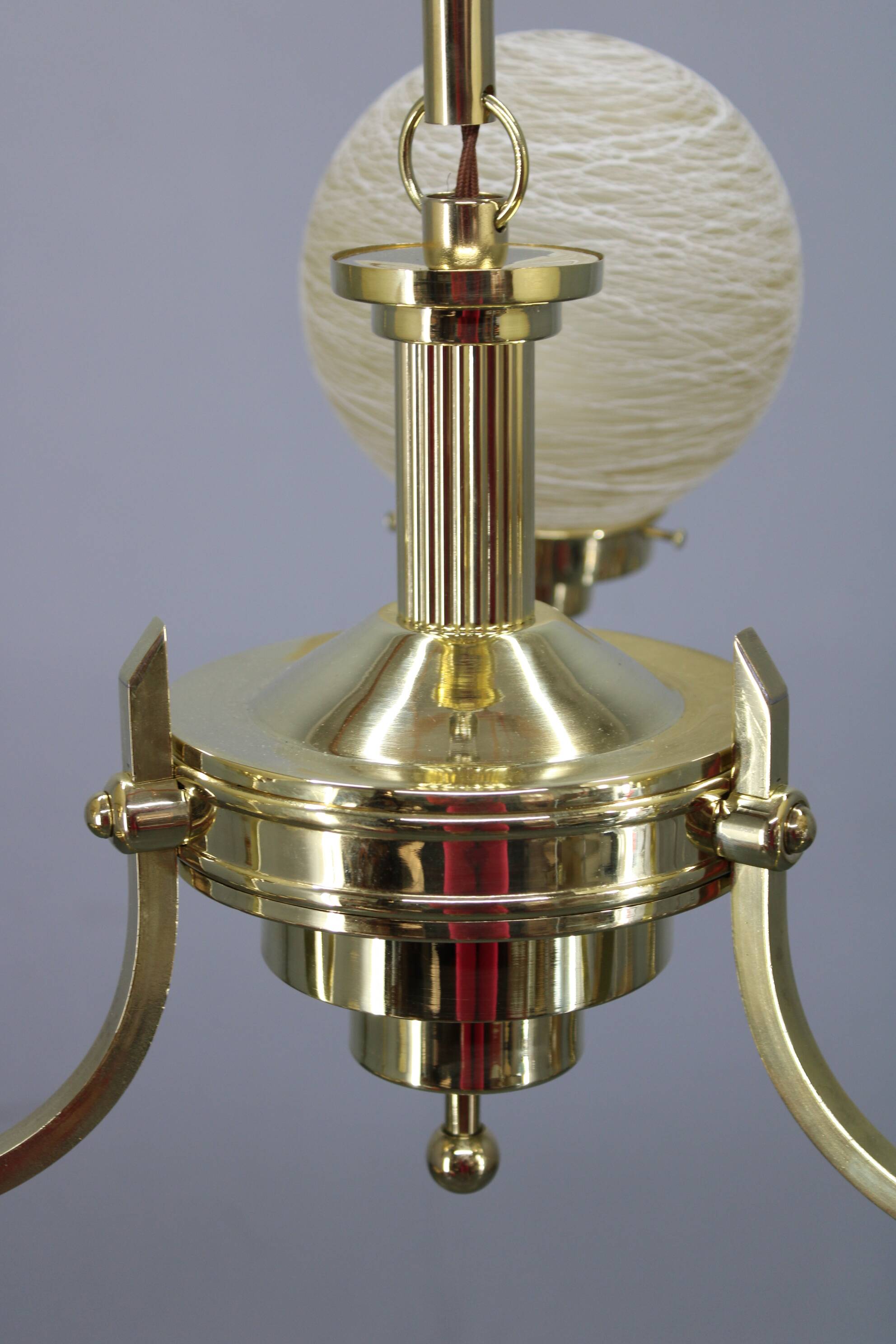 1930s Art Deco brass chandelier with textured glass globes, Czechoslovakia