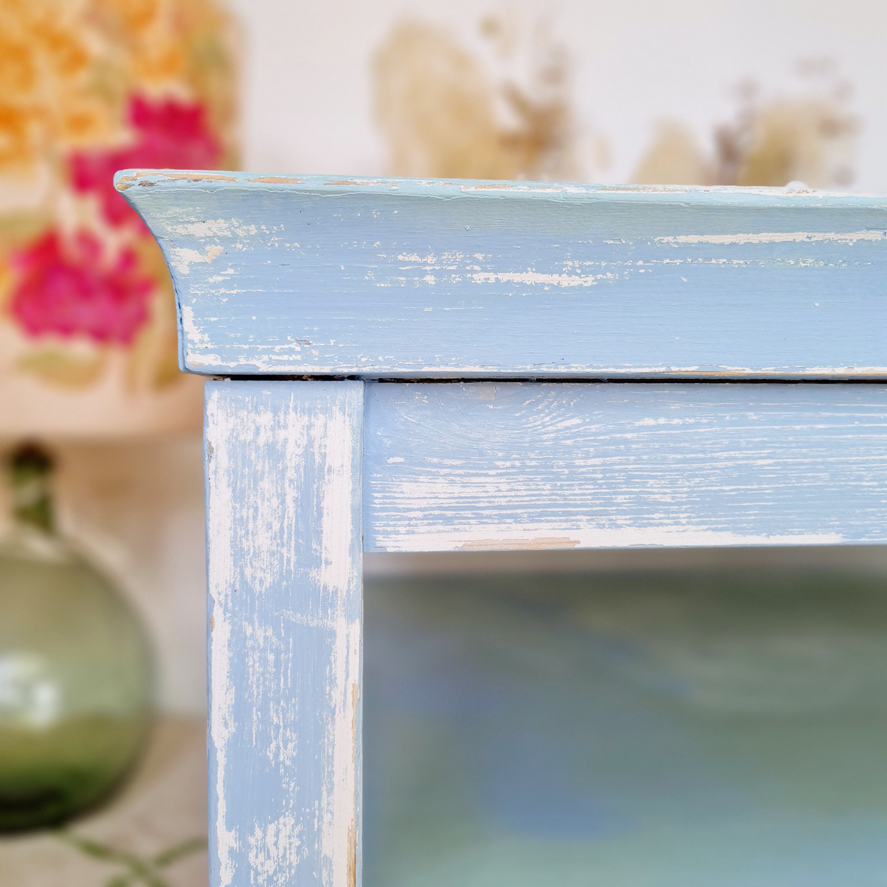 Coffee table in square wood renovated blue