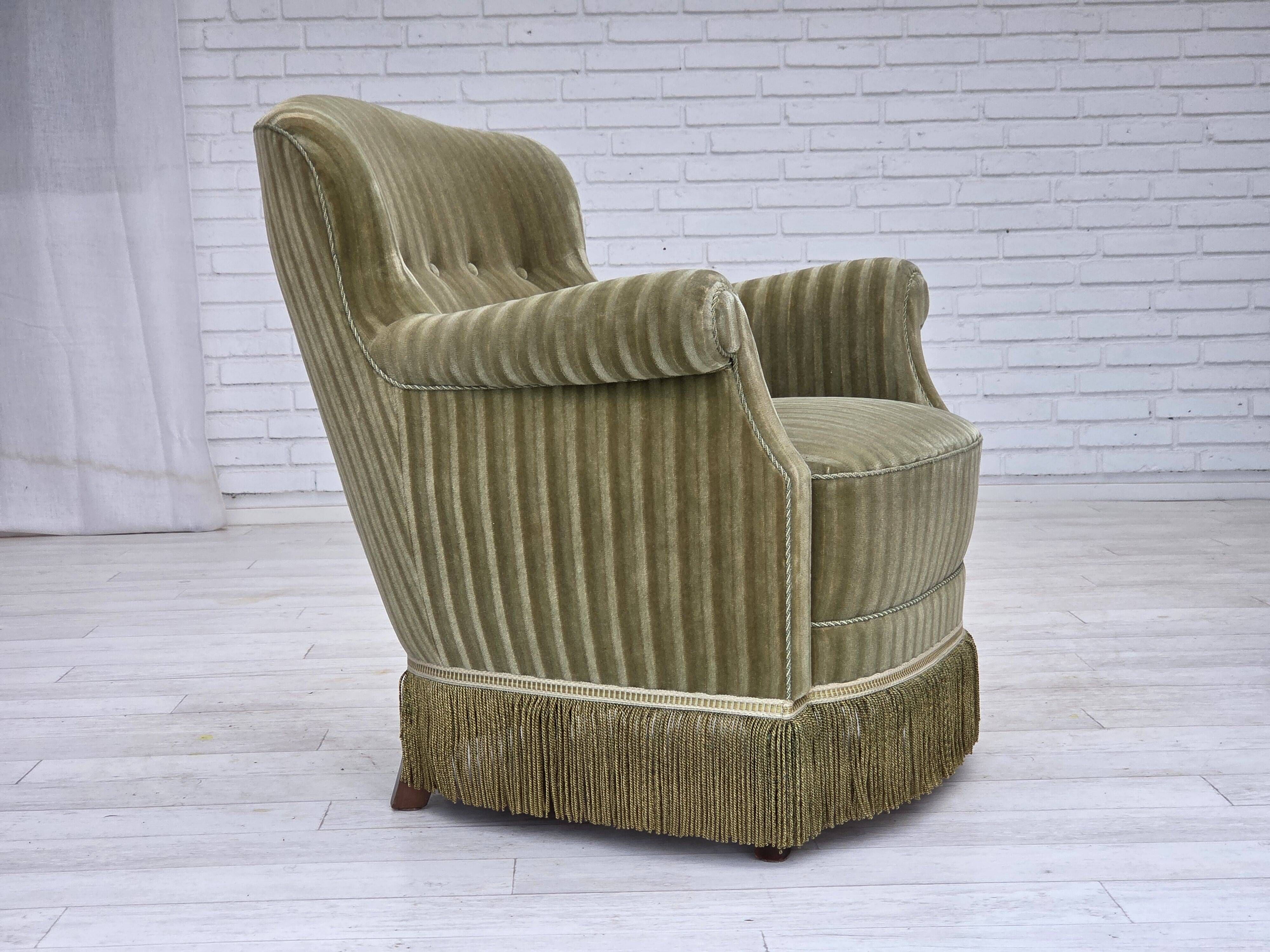 1960s, Danish armchair, original striped furniture velour, beech wood legs.