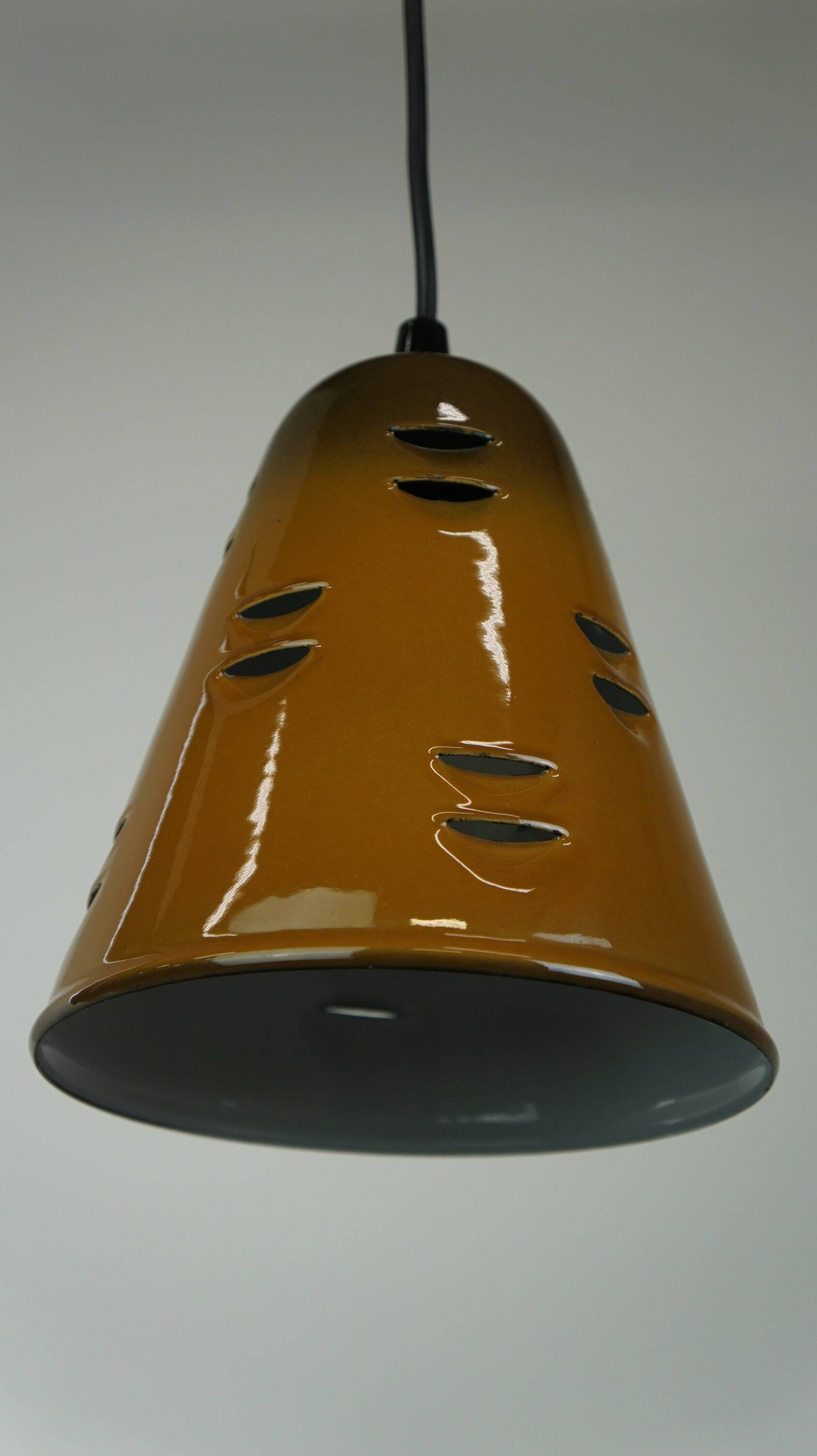 Vintage green and yellow enamel pendant light in good condition