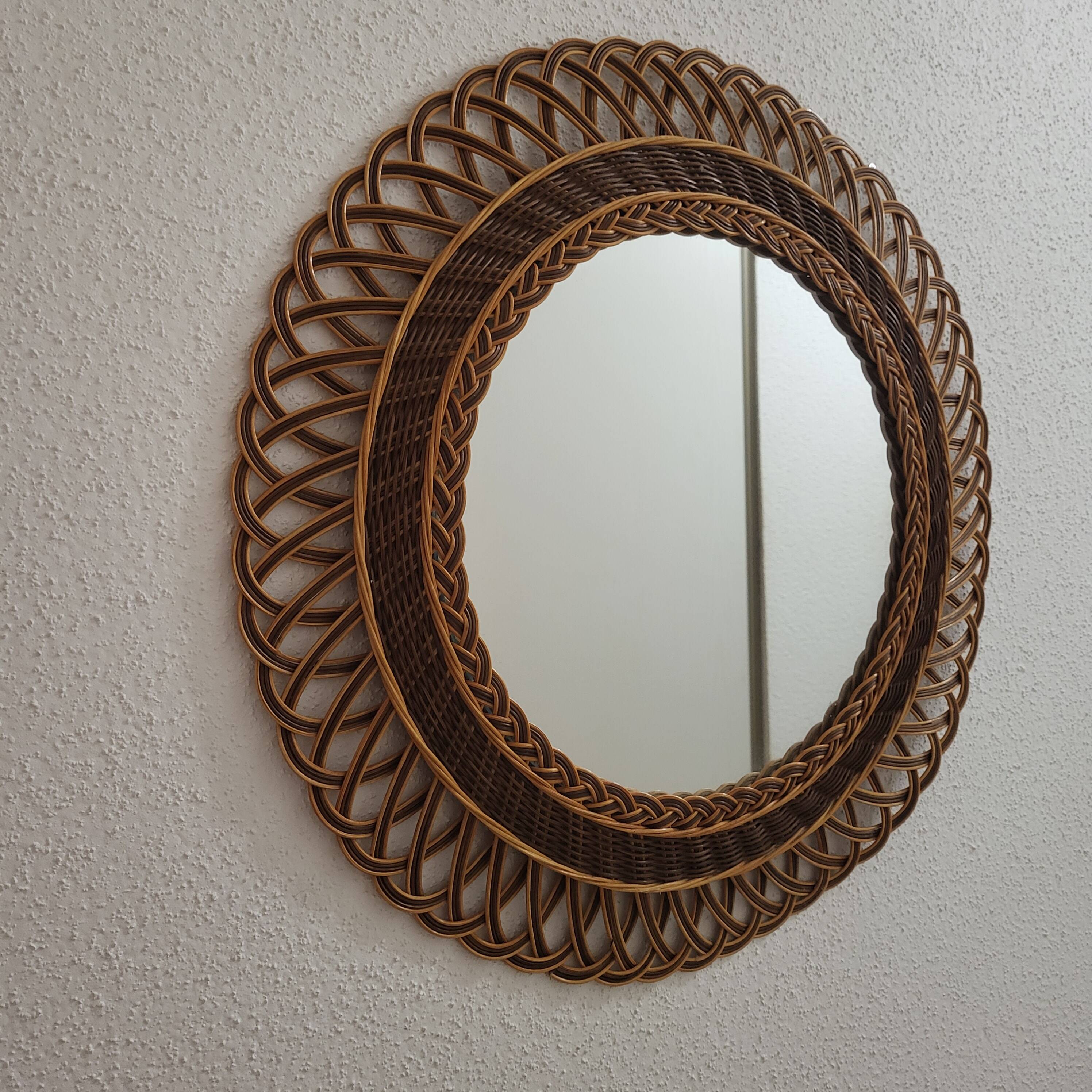 Woven rattan mirror, sunburst, vintage flower