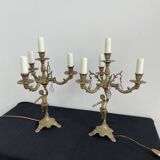 Paire de girandoles, candélabres, bronze, putti, cristal, 4 feux, pampilles, fin XIXème