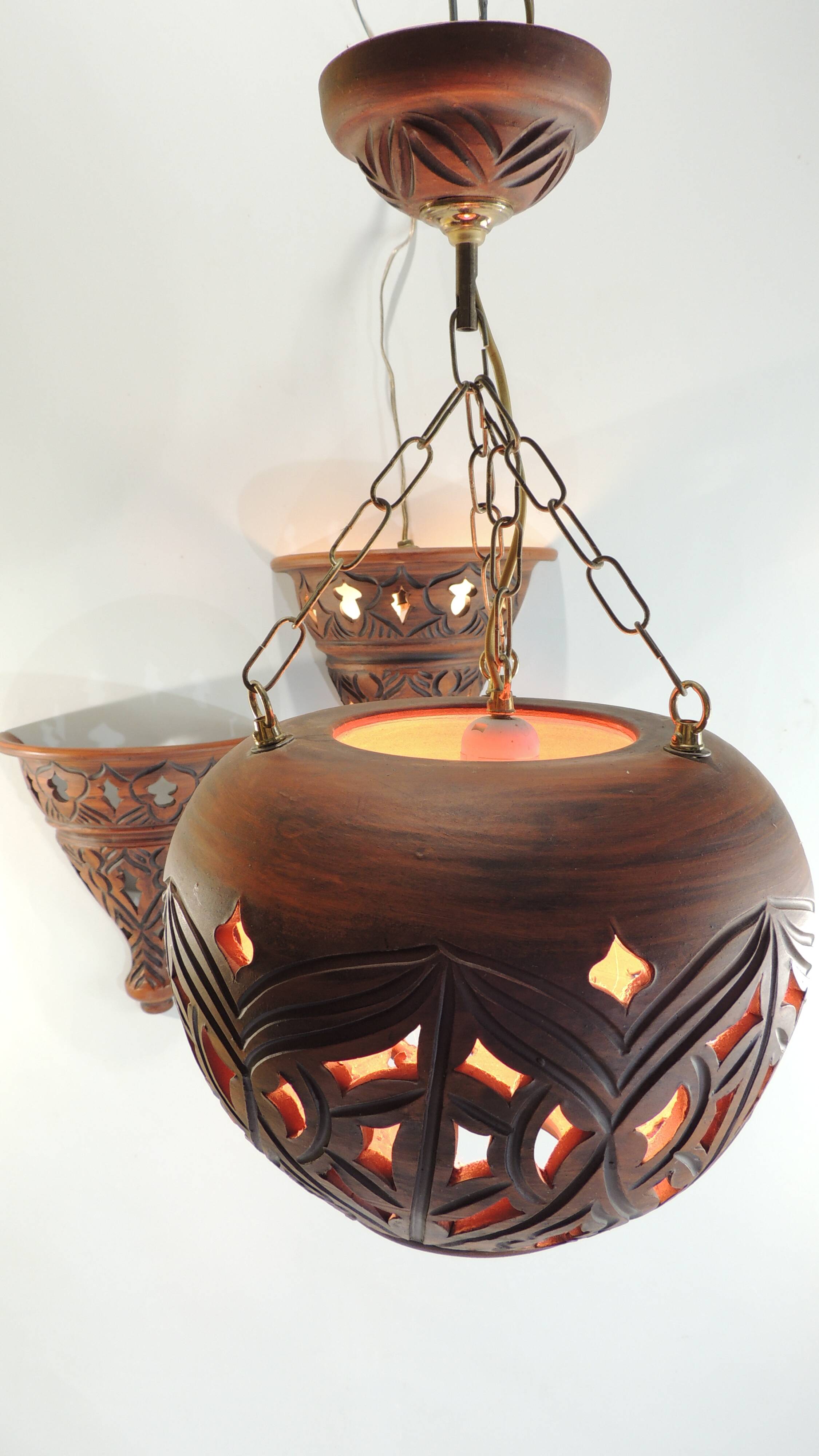 Suspension and pair of terracotta/vintage wall lights