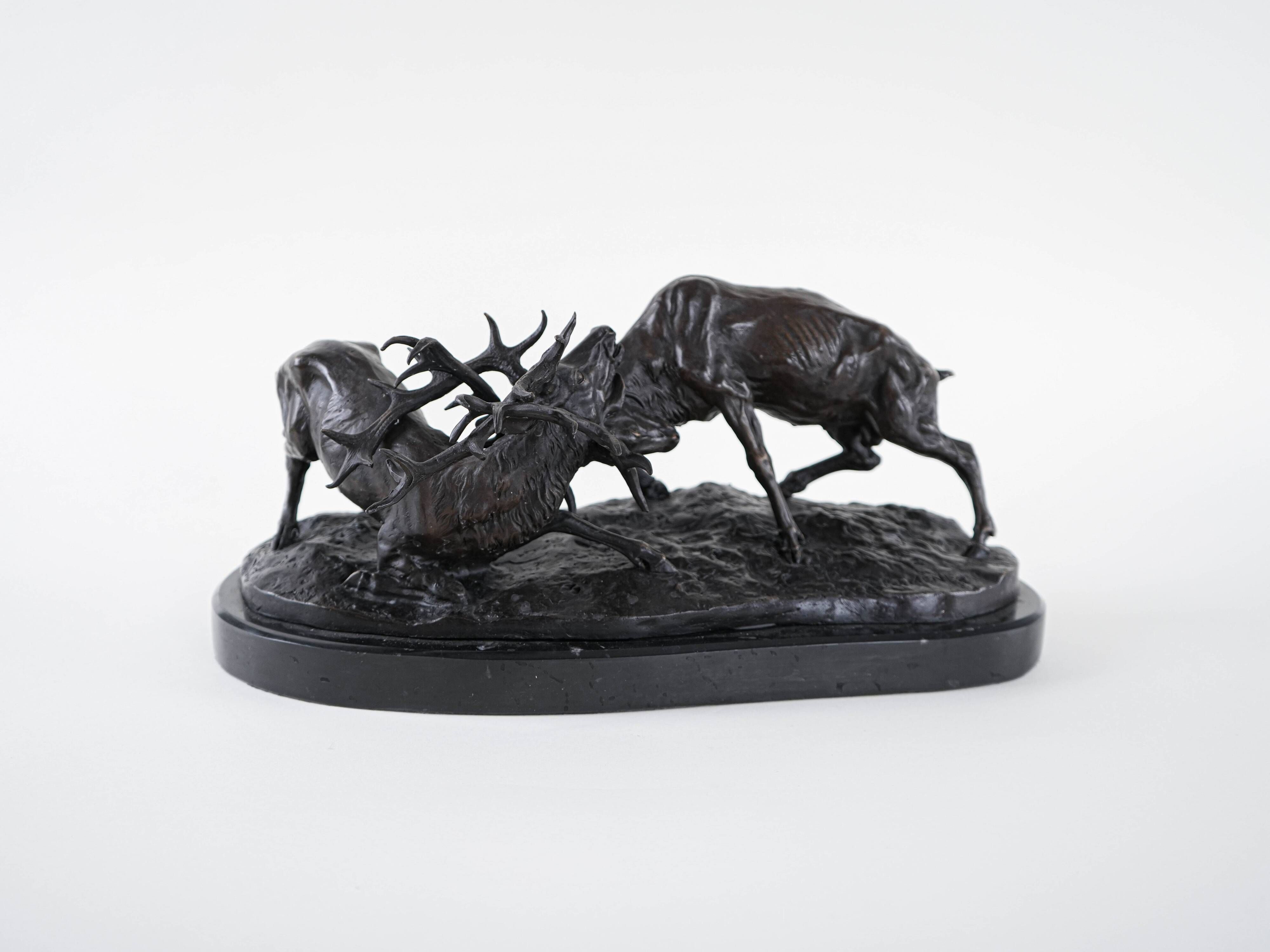 Fighting stags bronze sculpture by Pierre-Jules Mêne French animalier art