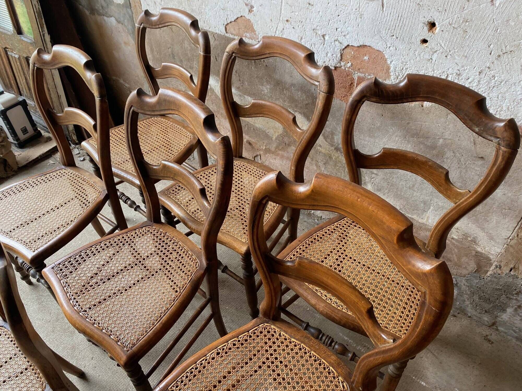 Set of 7 antique chairs canning and wood 1900s