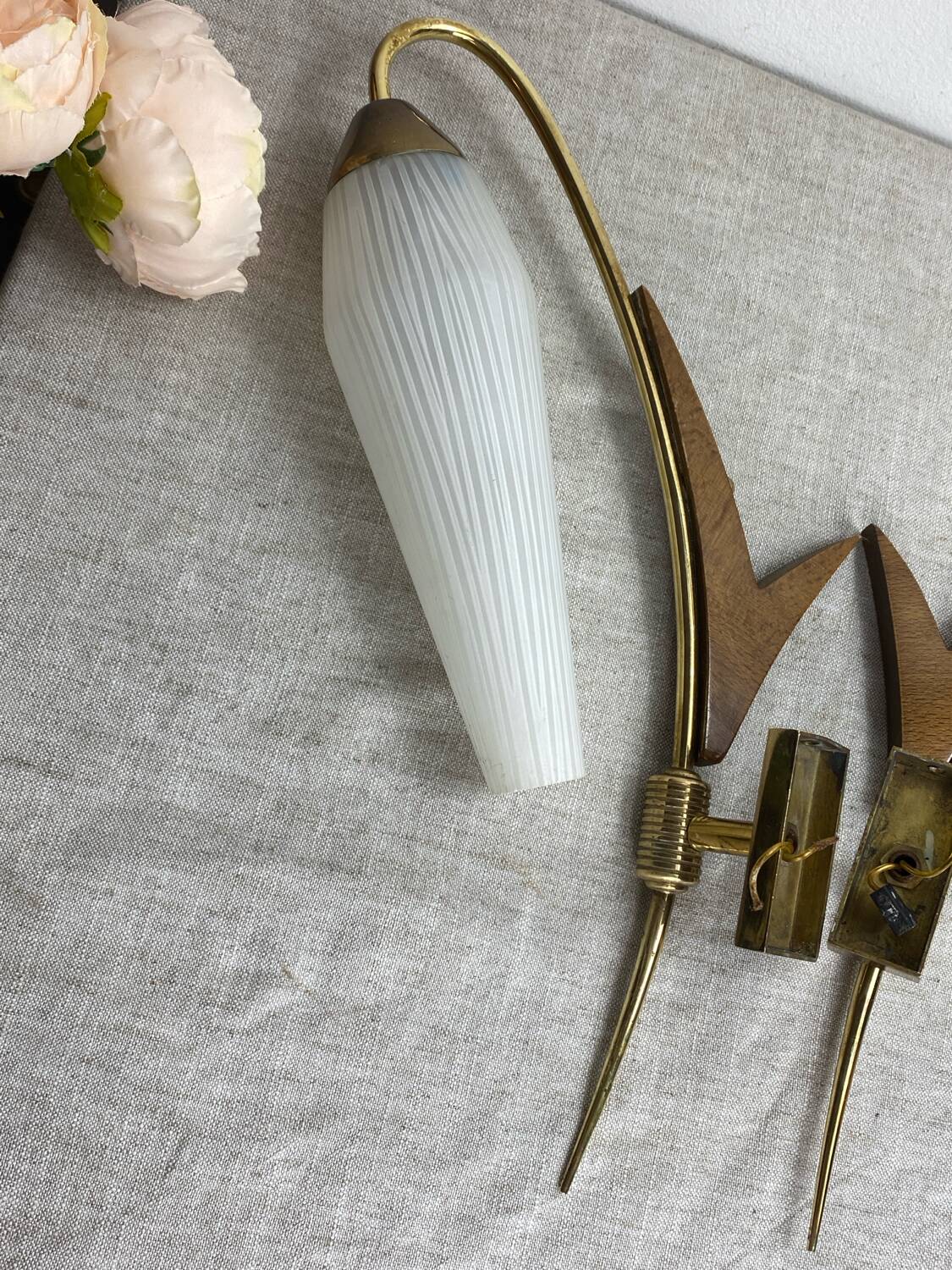 Pair of wall lights in brass, wood and opaline glass, 1950s/60s