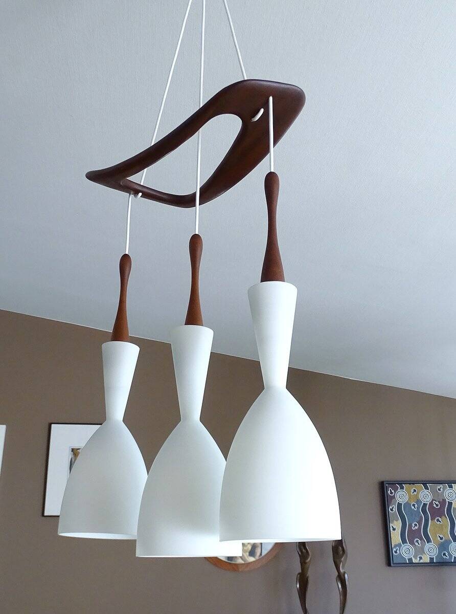 Vintage pendant light in teak and glass from Rispal