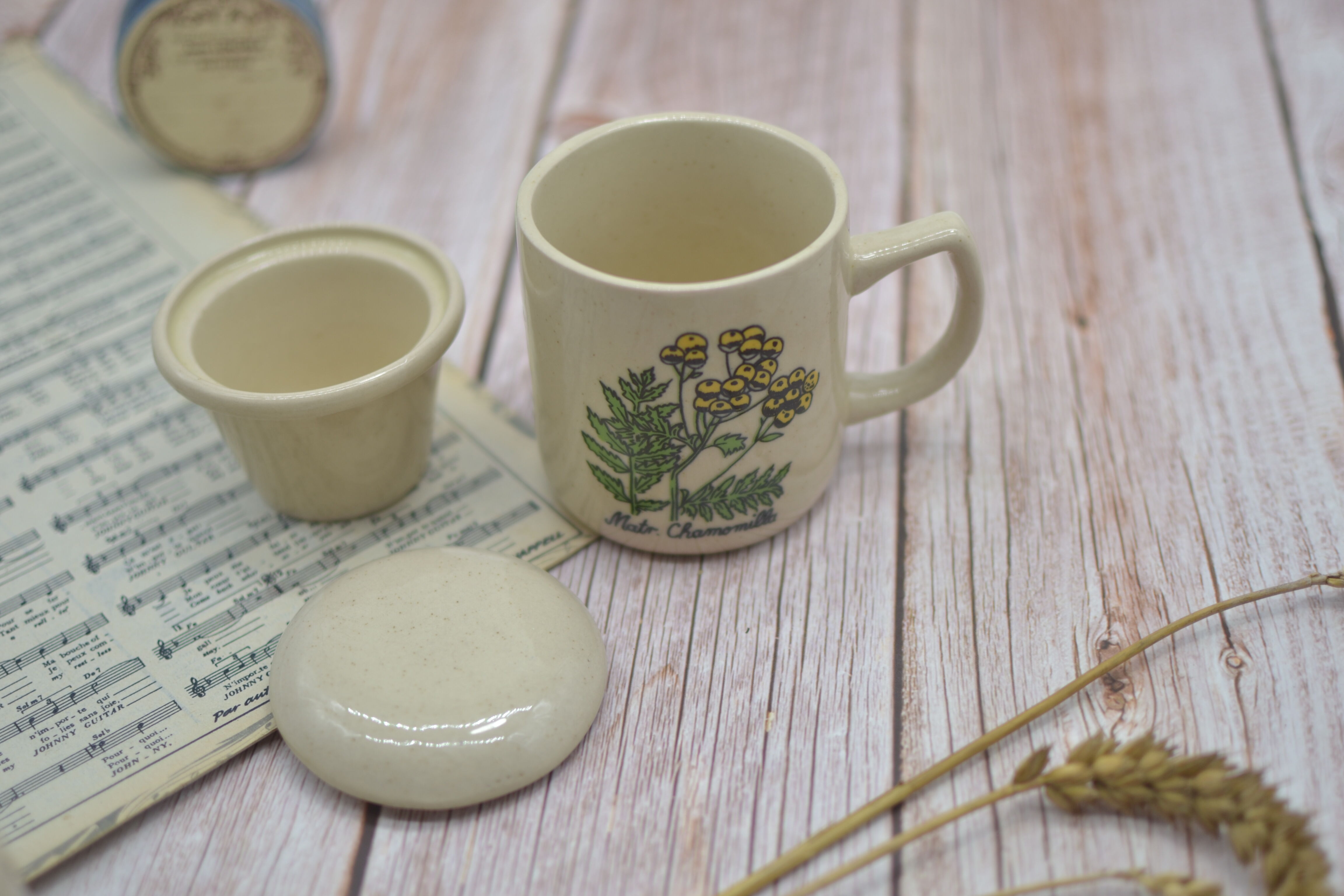 Vintage sandstone tisanière on the theme of chamomile botany