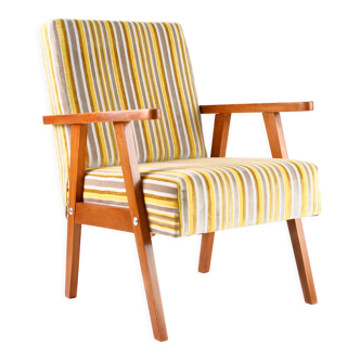 Fauteuil vintage jaune-gris rayures, velours Pierre Frey, bois massif, années 60 / 70