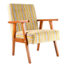 Vintage armchair yellow-gray stripes, velvet Pierre Frey, solid wood, 60s / 70s
