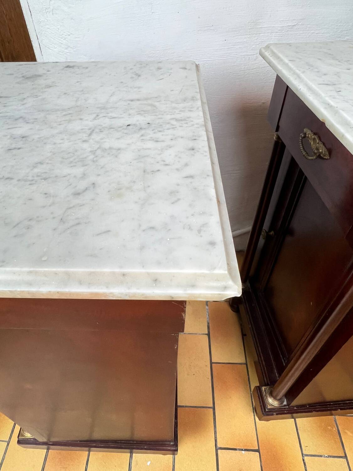 Pair of Napoleon III bedside tables in mahogany and marble