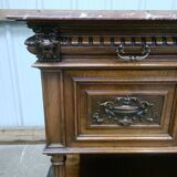 Solid walnut sideboard, Henri II style, Renaissance, with pink and white marble top