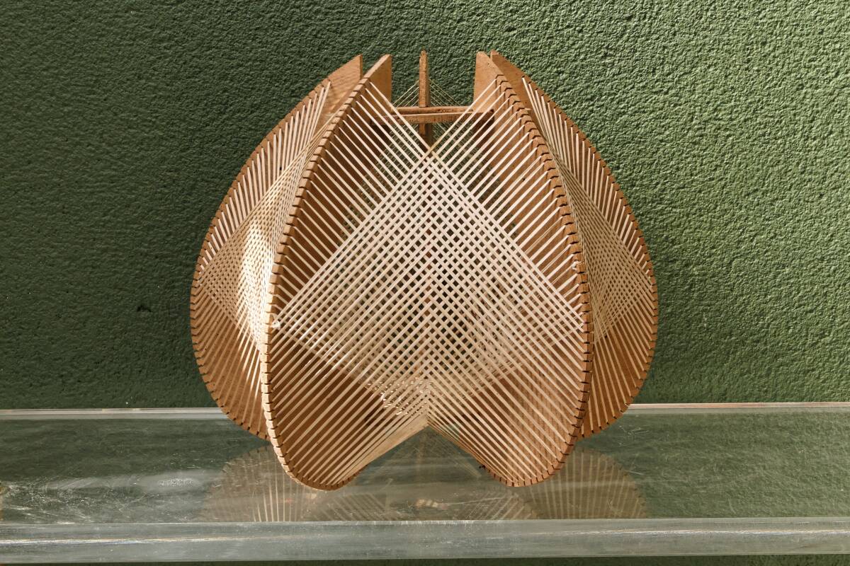 Scandinavian modernist wooden suspension with taut wires, 1960s.