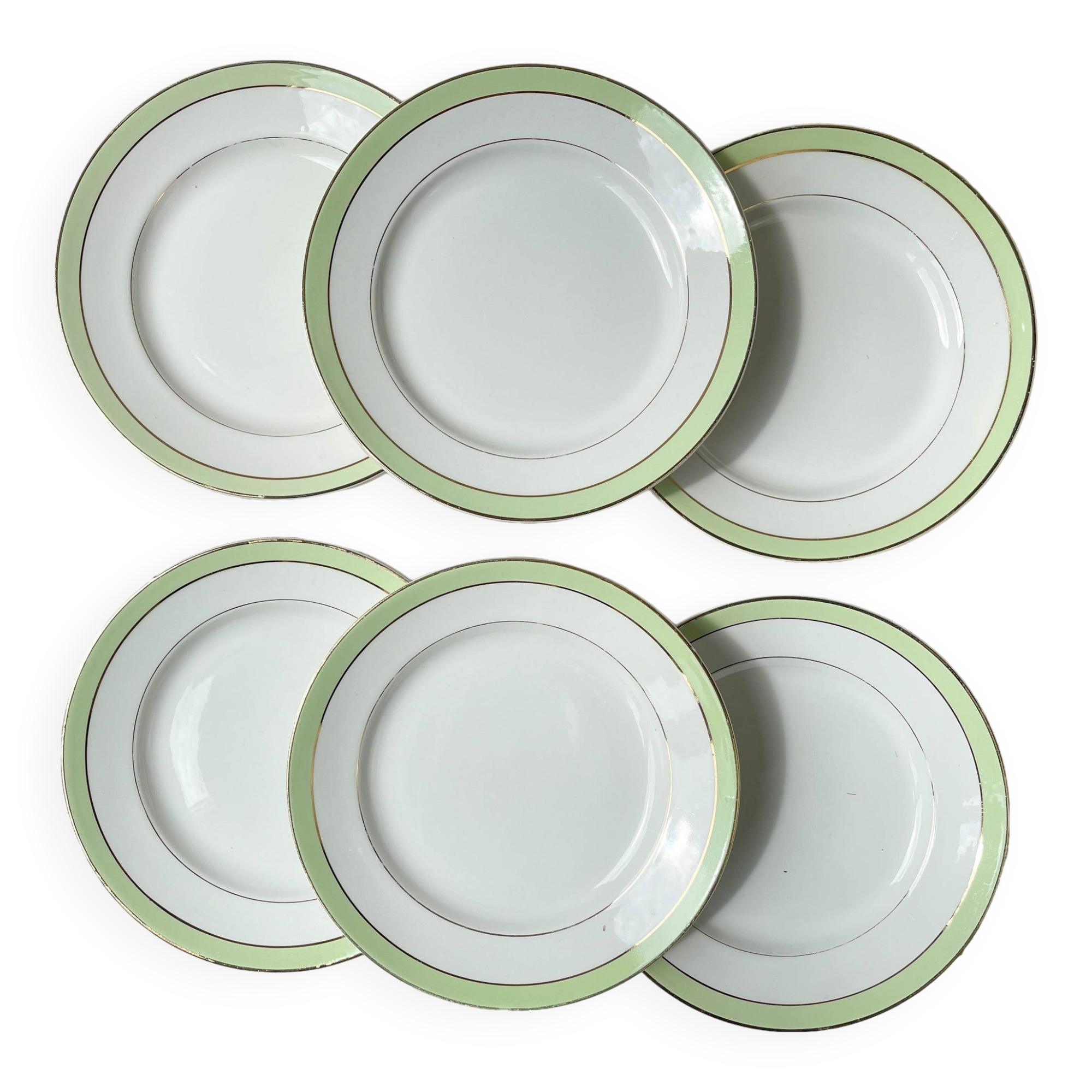 6 Vintage French Orchies "VILLARS" dinner plates 1950 white green gold