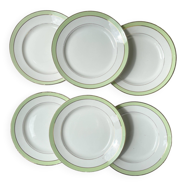 6 Assiettes plates vintage Française Orchies ''VILLARS'' 1950 blanche verte dorée