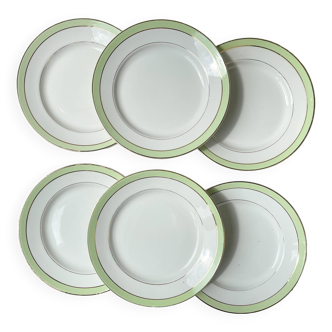 6 Assiettes plates vintage Française Orchies "VILLARS" 1950 blanche verte dorée