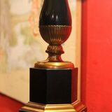 20th Century French Black Enamel Tole and Gilt Bronze Table Lamps with Silk Shade, Set of 2