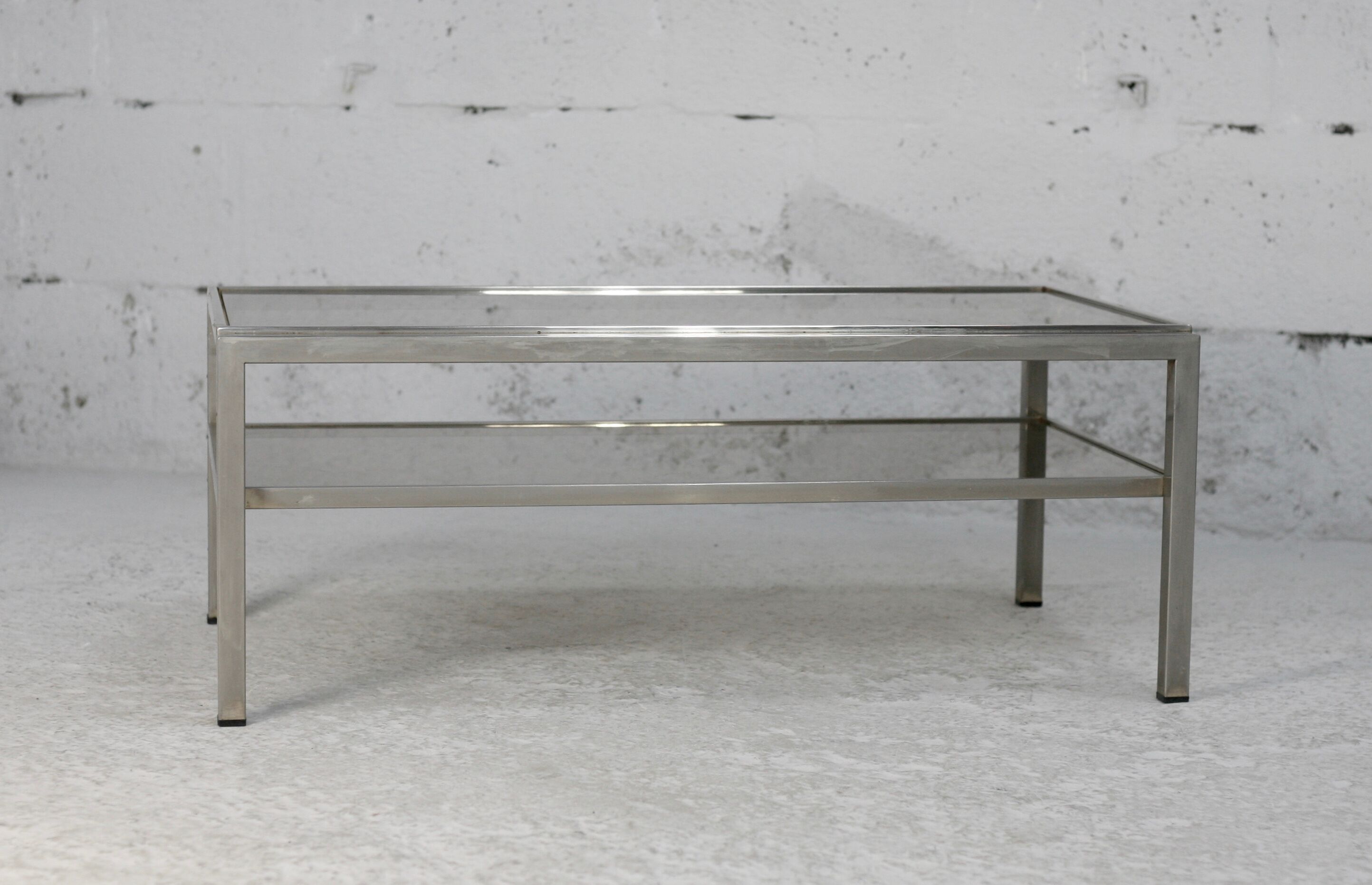 Double coffee table trays smoked glass steel. France, circa 1970