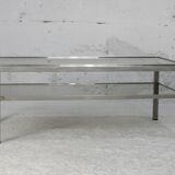 Double coffee table trays smoked glass steel. France, circa 1970