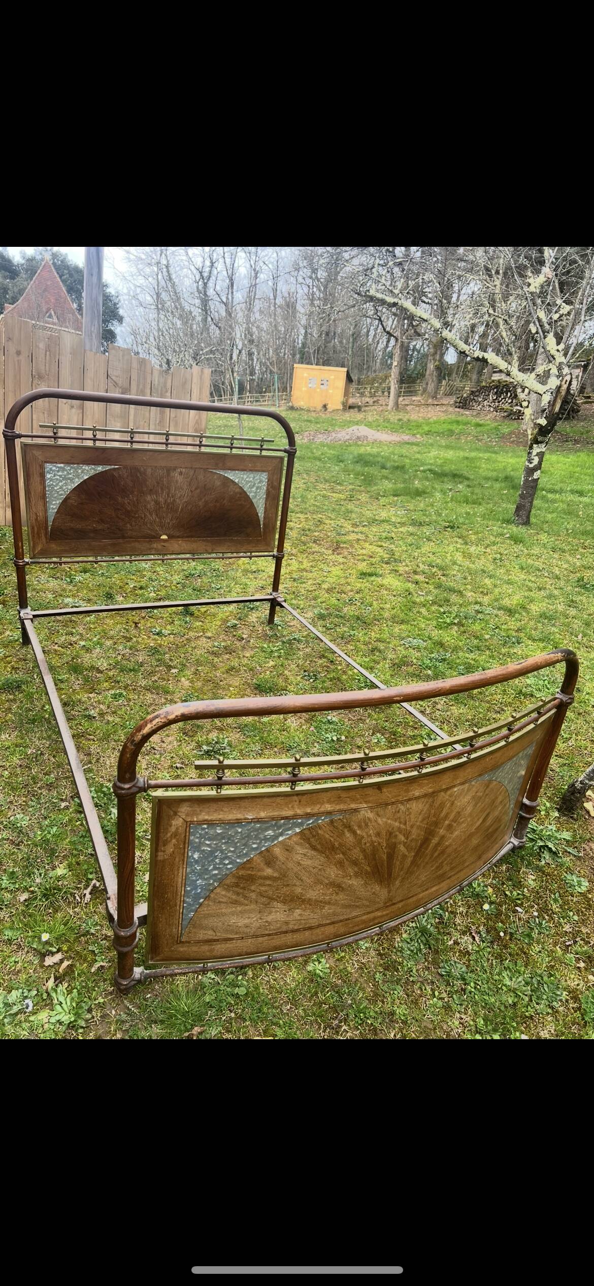 1920s art deco wrought iron bed frame with marquetry
