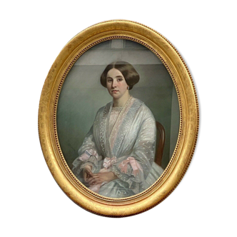 Pastel on canvas portrait of a woman by Gabriel Durand 1851 oval frame