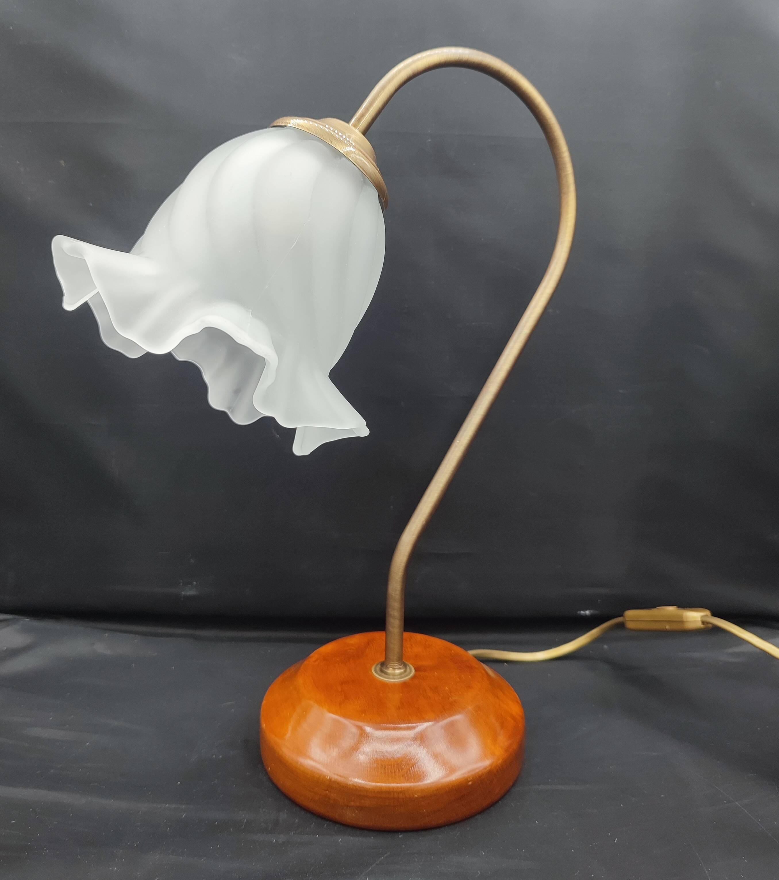 Brass and glass swan neck desk lamp in Art Nouveau style.