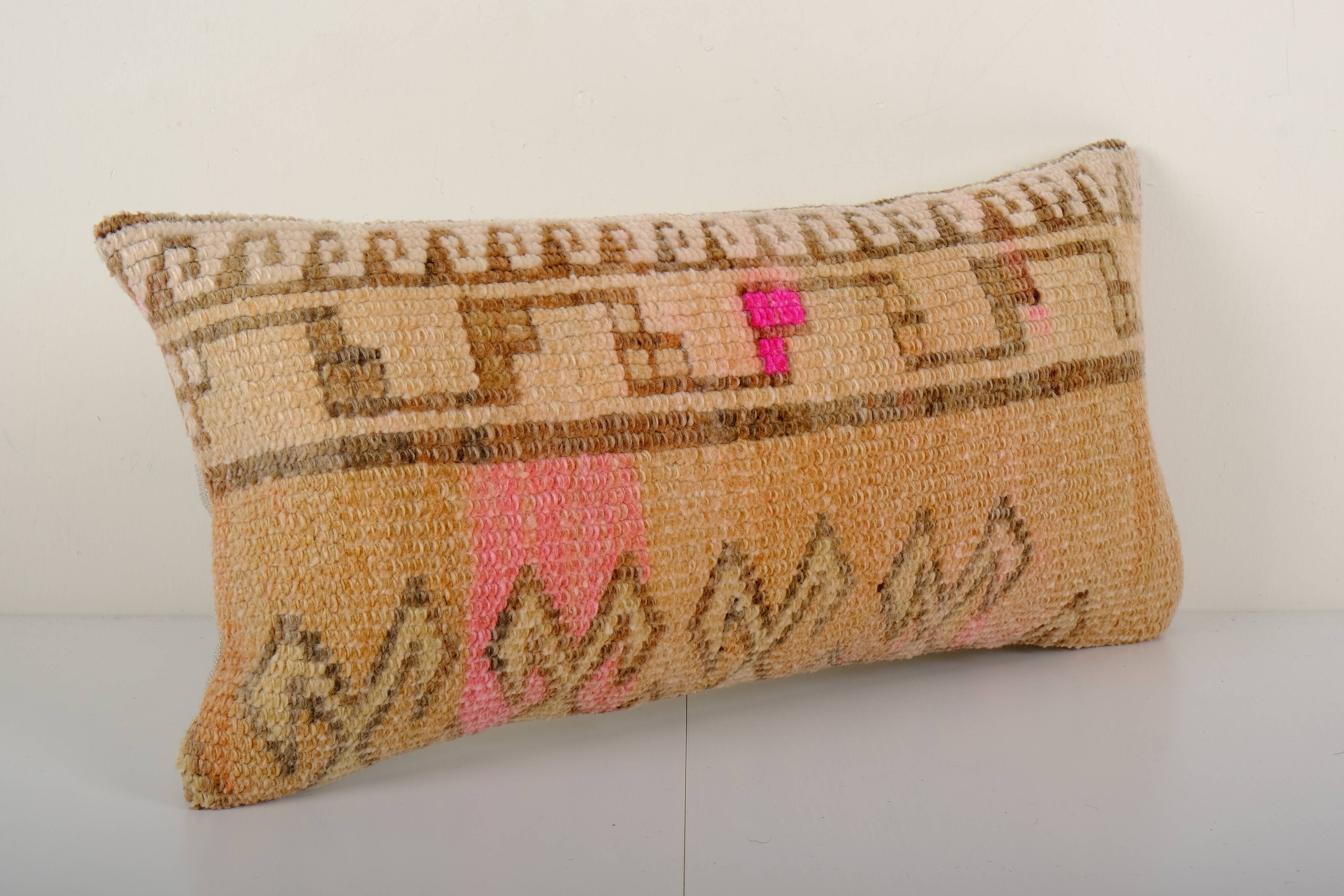Vintage faded yellow lumbar pillow cover, , couch pillow, tribal oushak rug pillow, carpet cover 12'