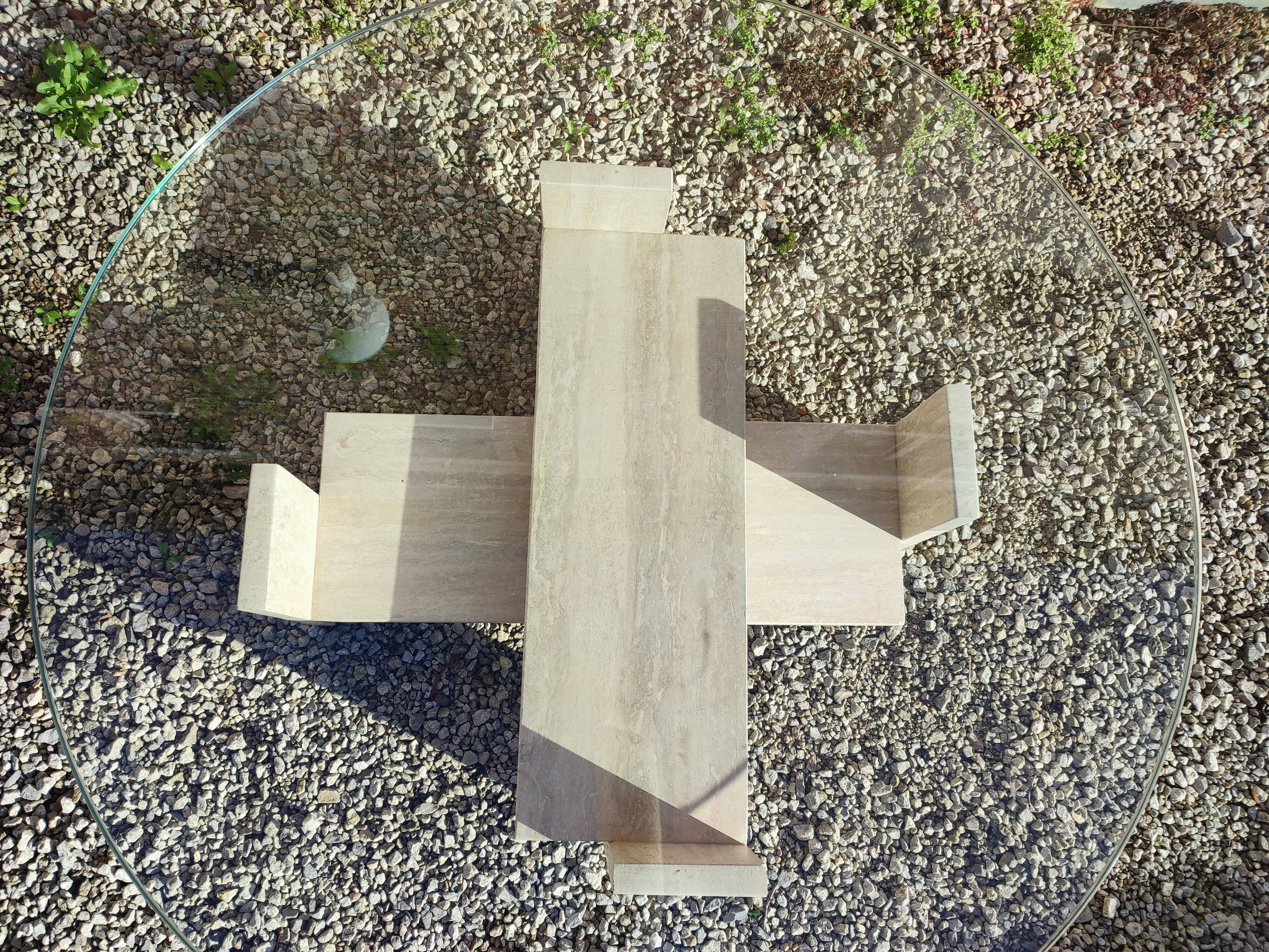 Coffee table in travertine and thick glass, Willy Ballez, 1970s